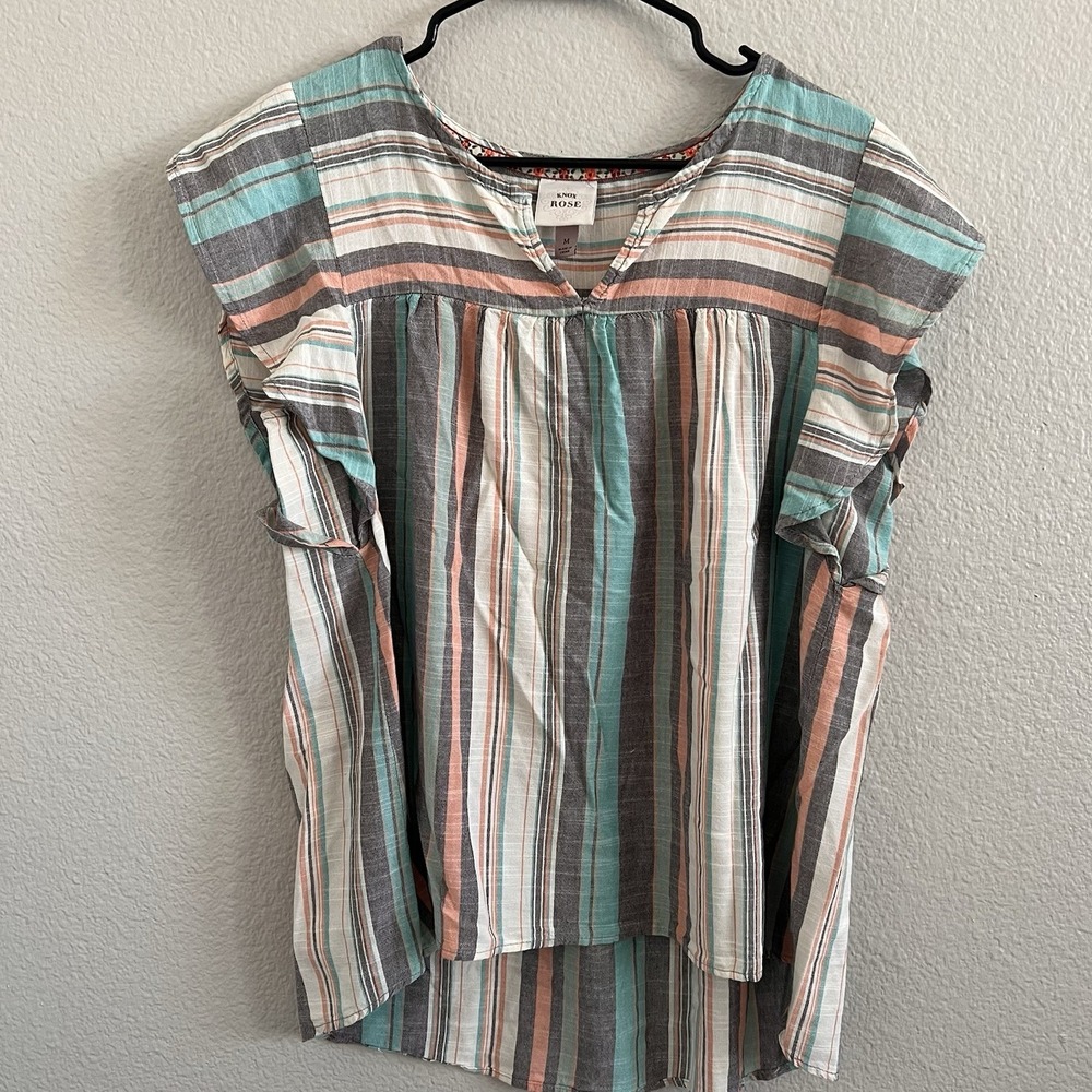 Knox Rose Women's Medium Top Blouse Tunic Stripe Flutter Sleeve Coastal